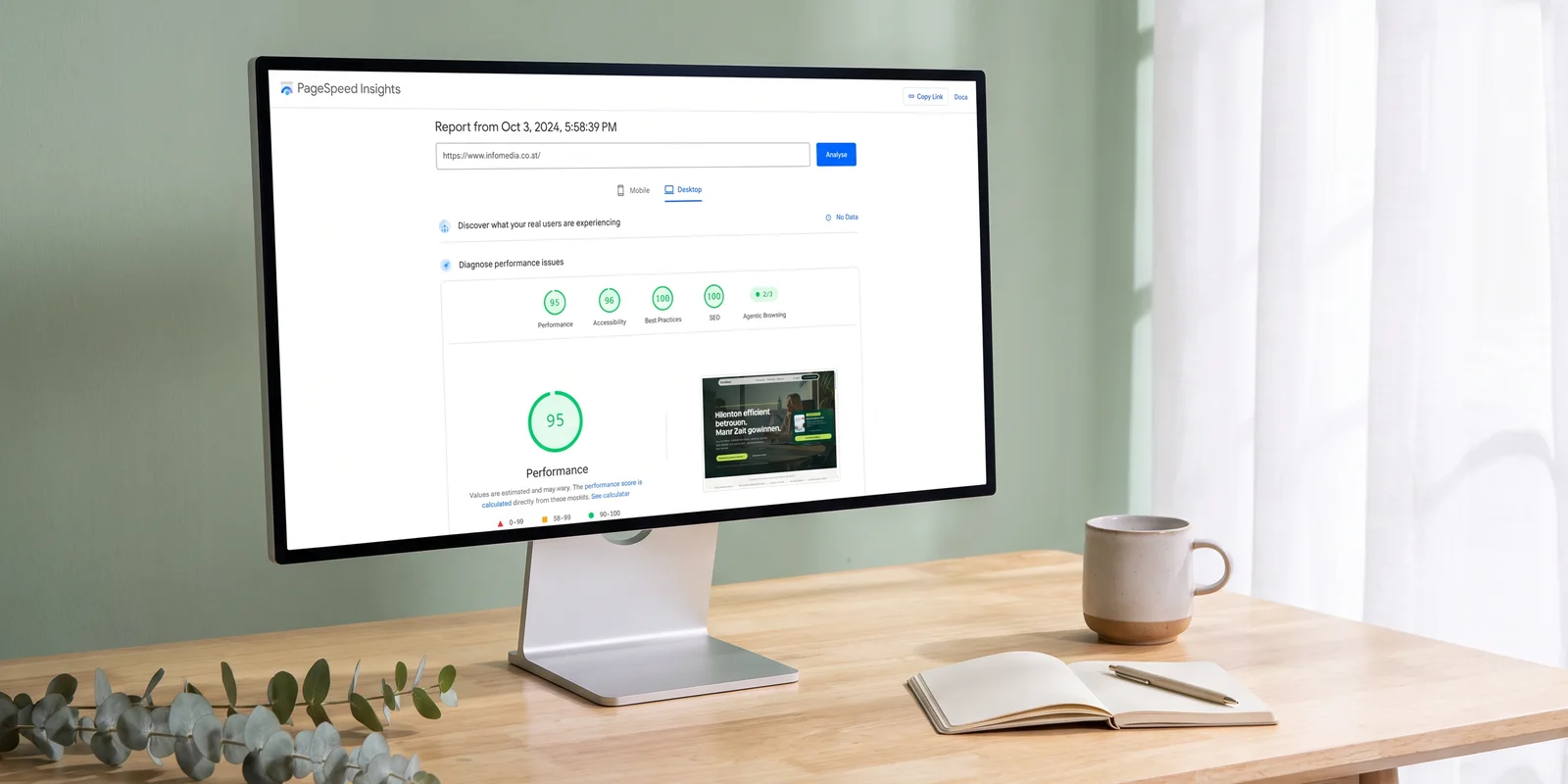 Sichtbarkeit & SEO: PageSpeed-Ergebnis einer Kundenseite am Monitor